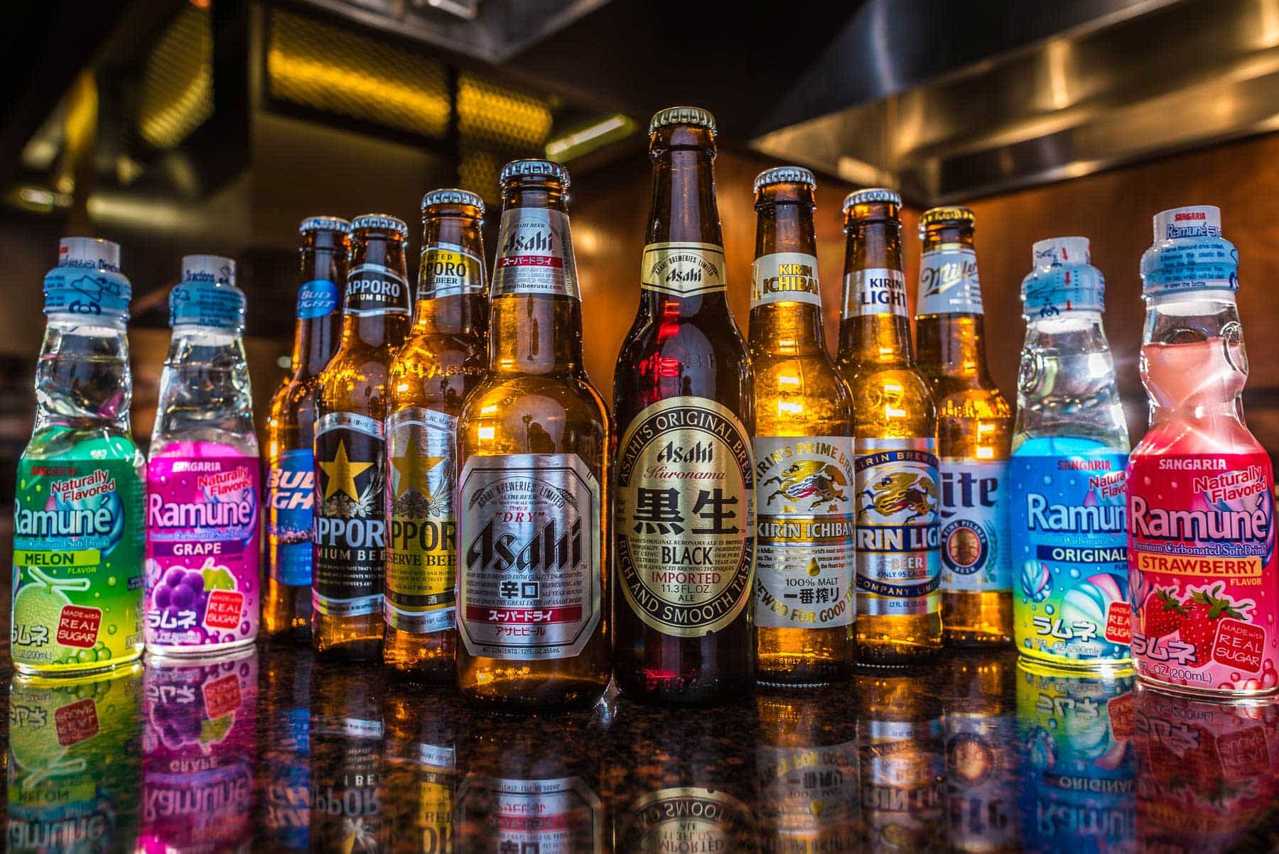 Alcohol bottles lined up for a menu and brochure photo