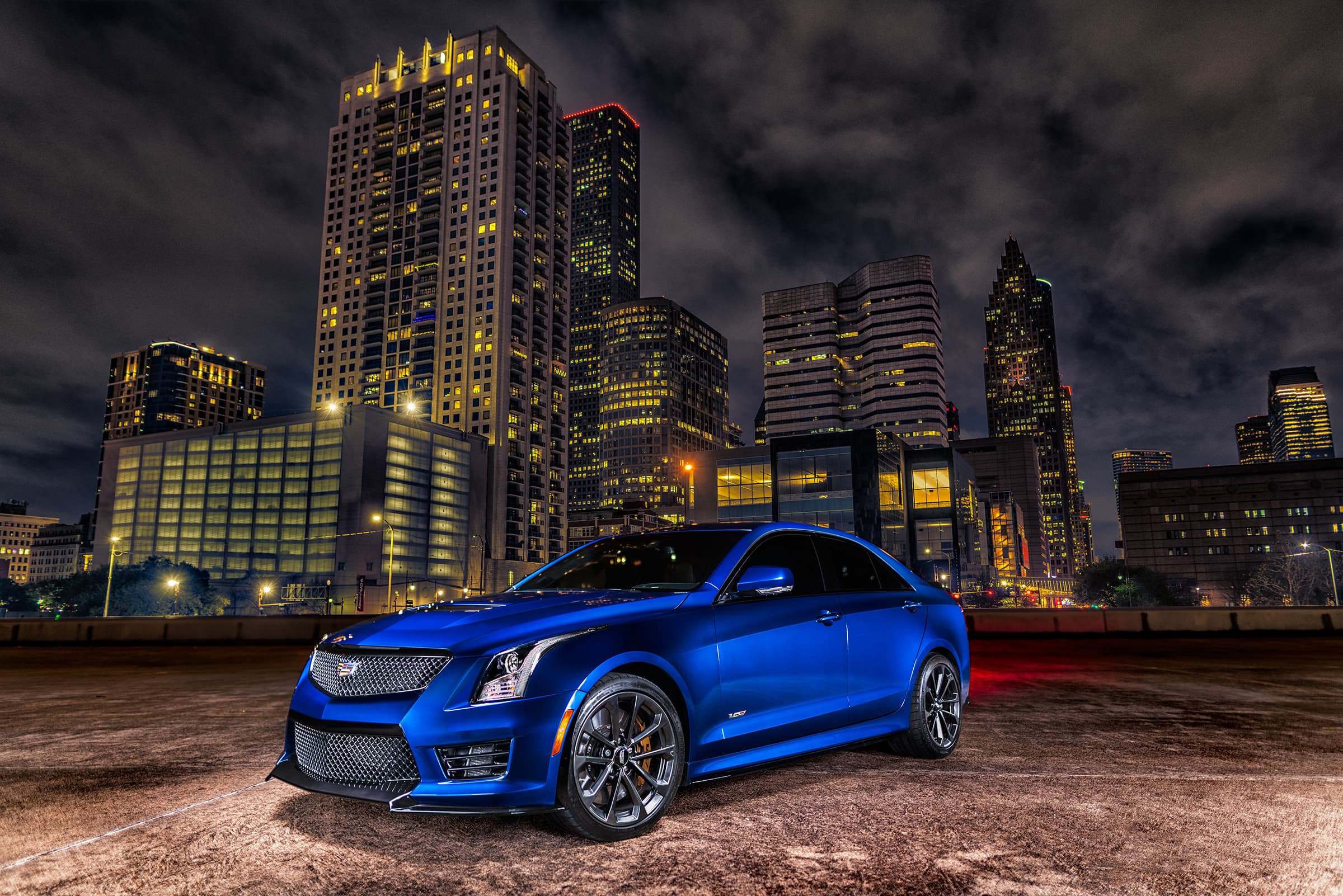 Cadillac ATS, Oconus Metallic Blue downtown Houston photoshoot 