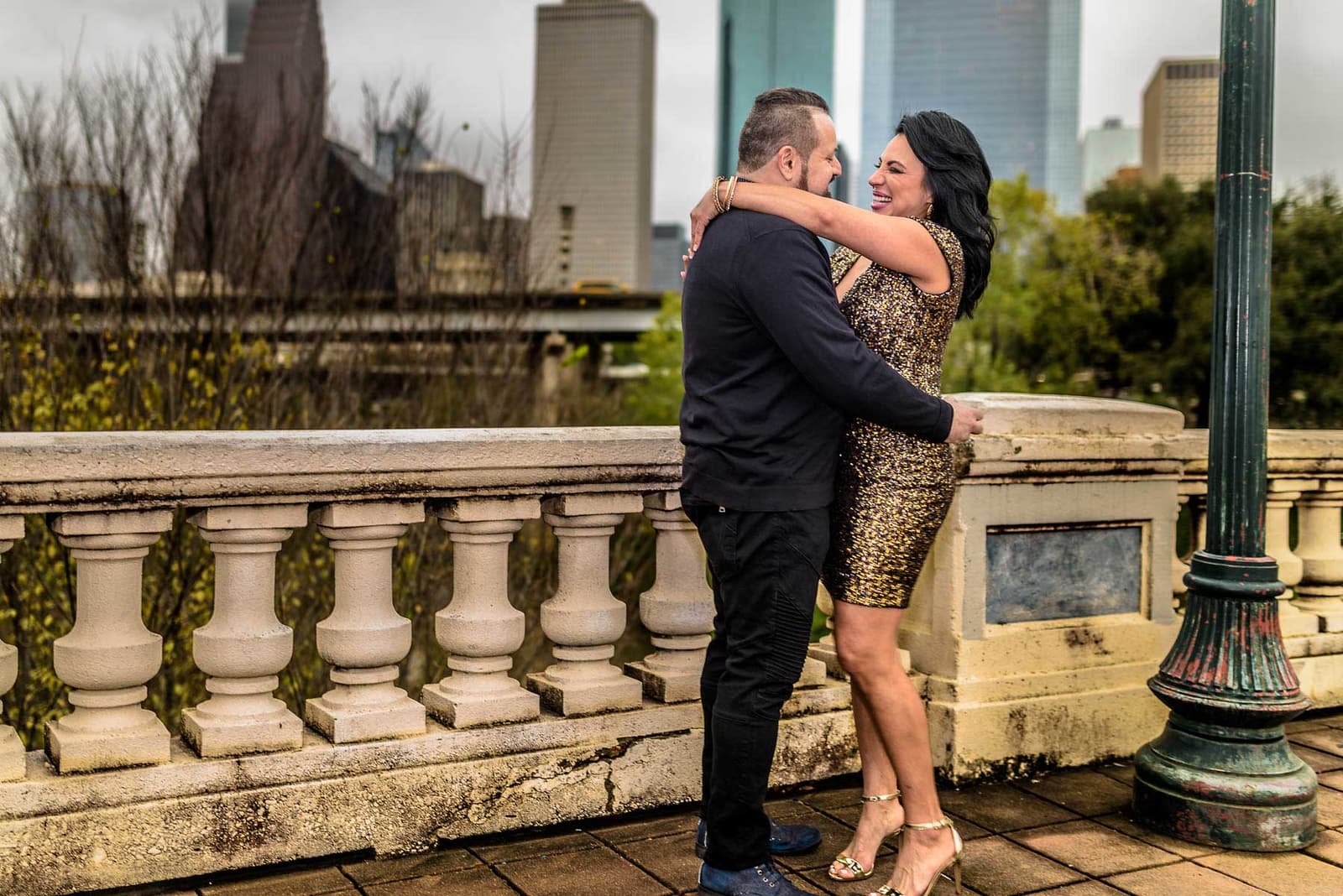 She said yes, couple engagement Sabine Bridge, downtown Houston Surprise