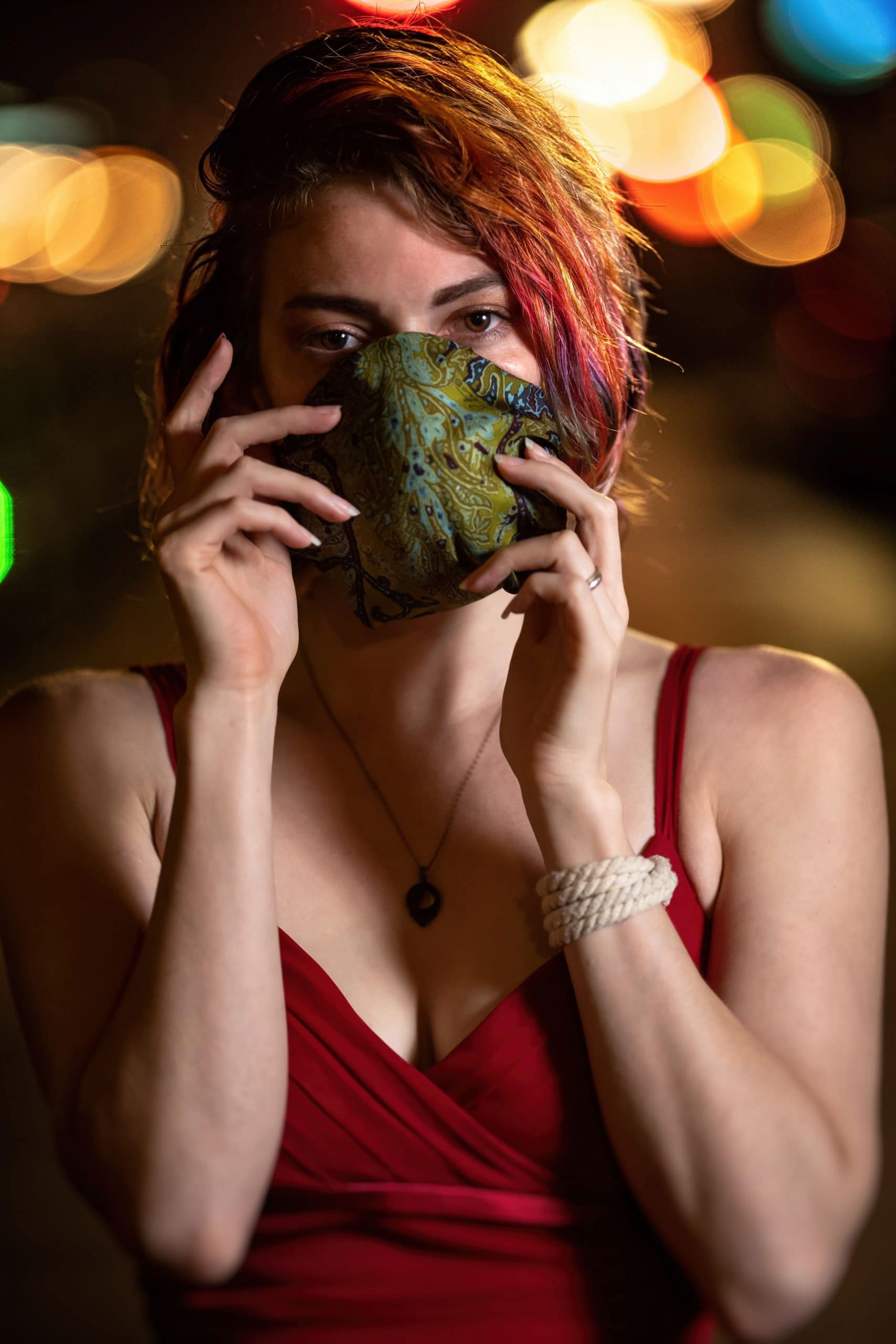 our model poses with an Etro mask during Quarantine