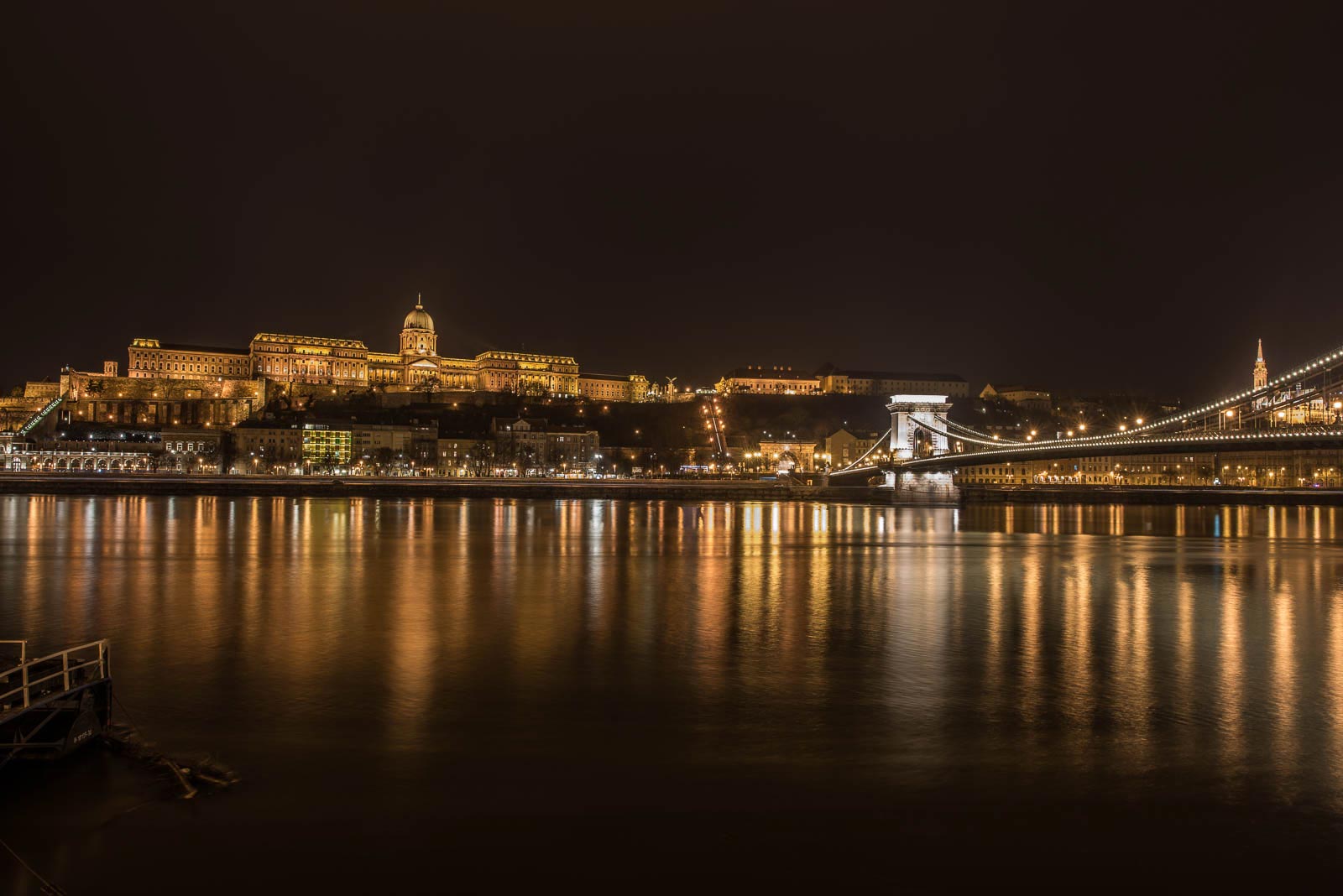 Budapest at night with the chain bridge.