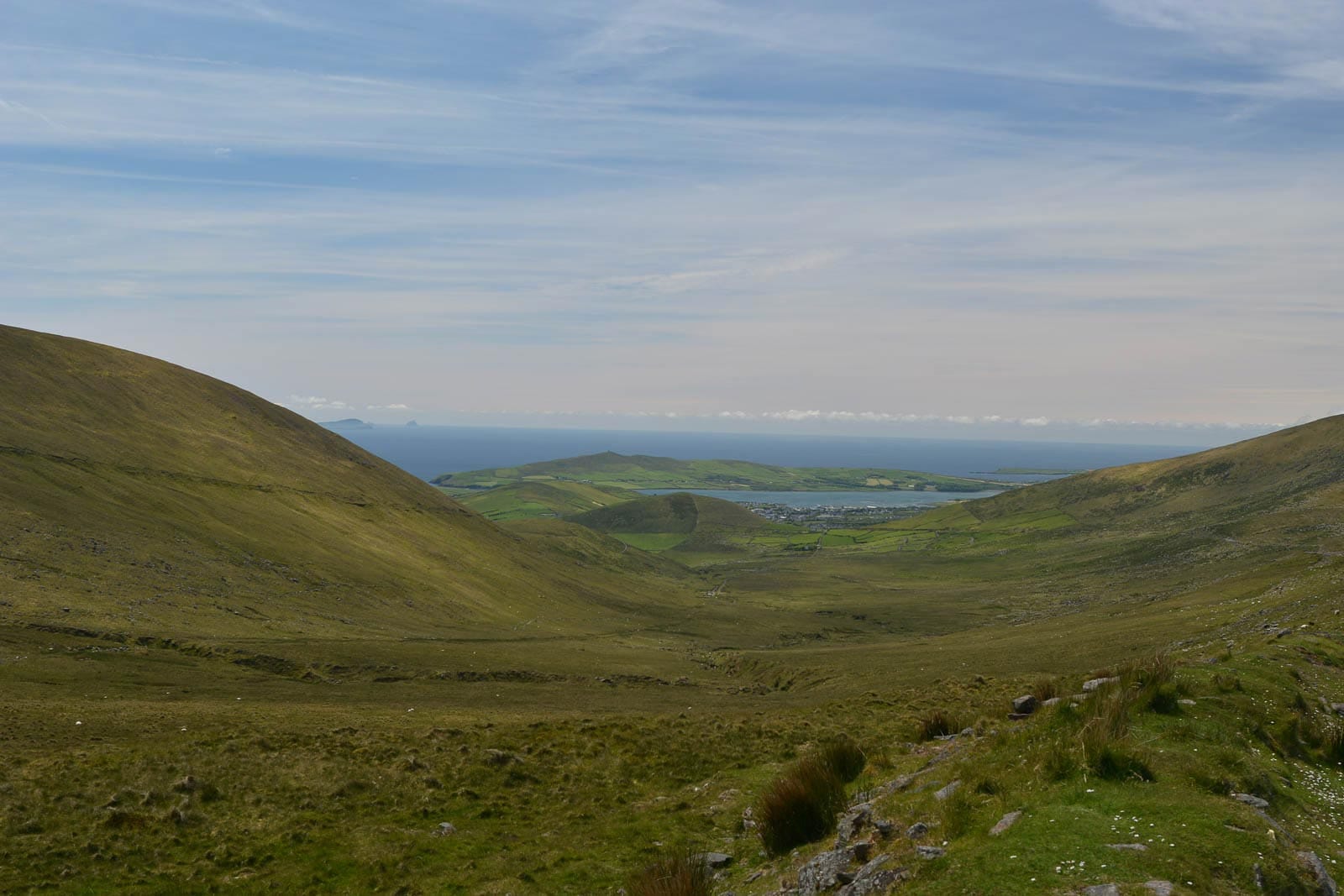 A view of a grassy hill with a lake in the background.