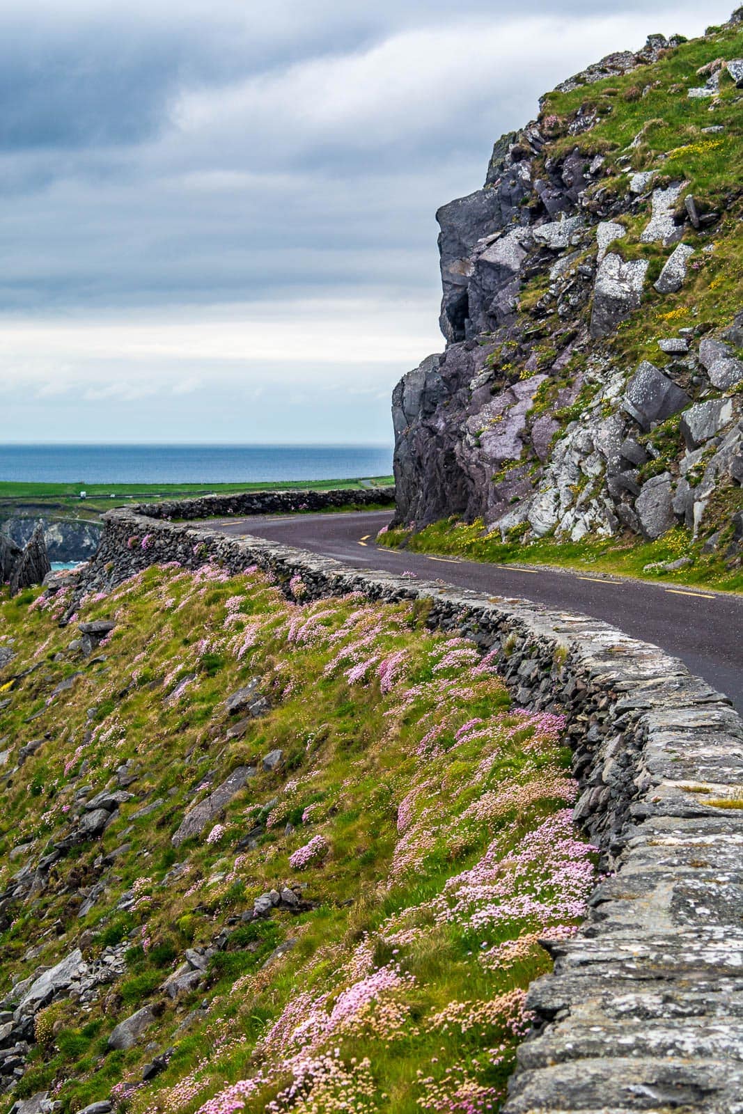 A road leading to the ocean on the cliffs of ireland.