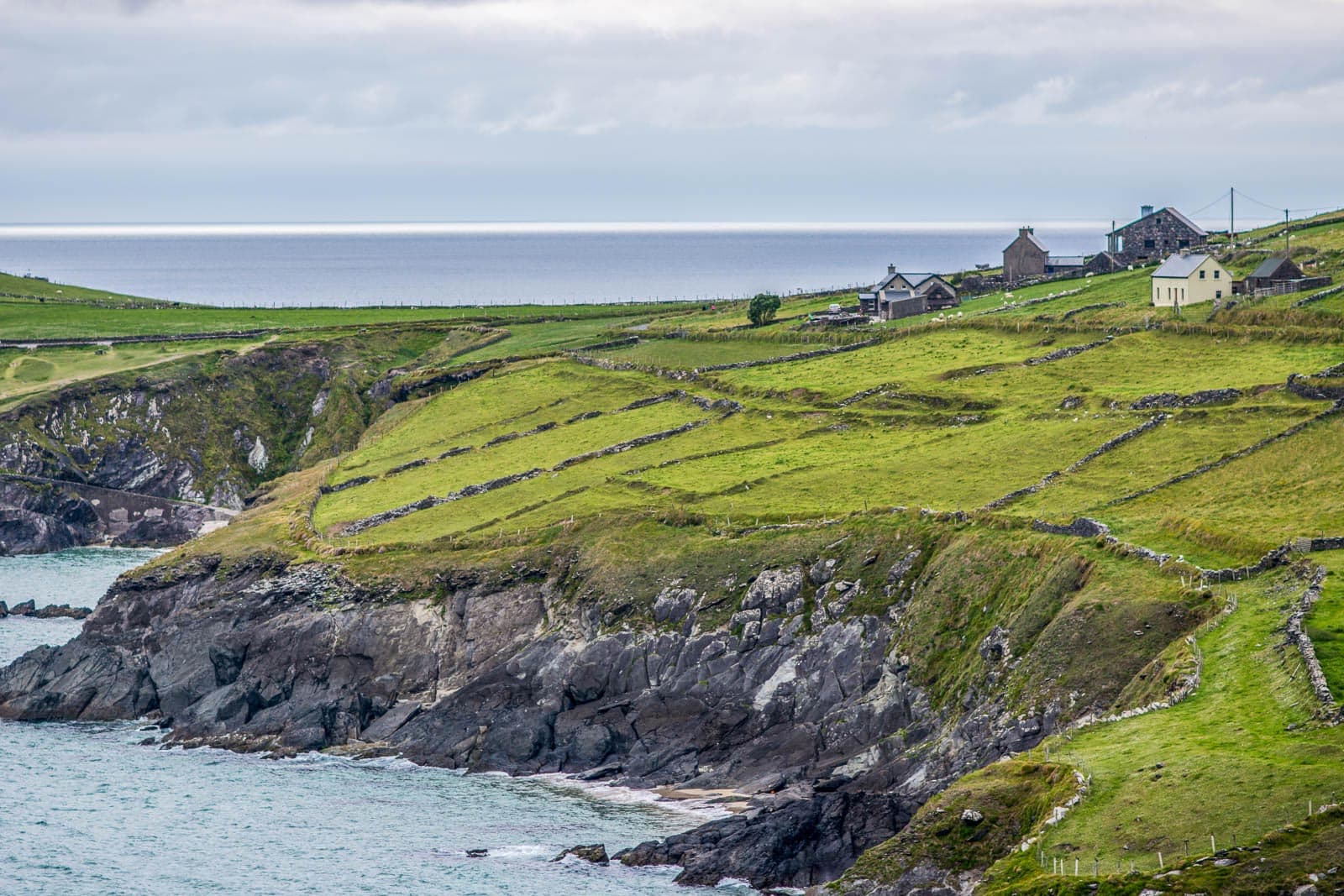 A green hillside near the ocean with houses on it.