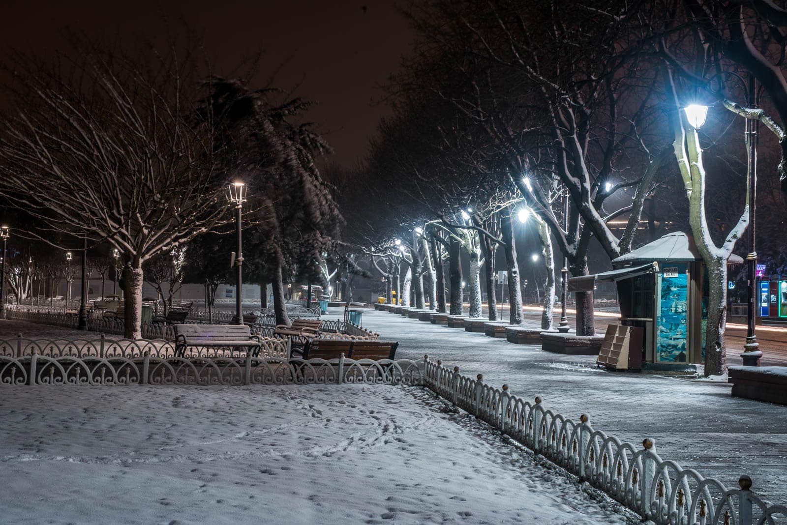 A snow covered park at night with street lights.