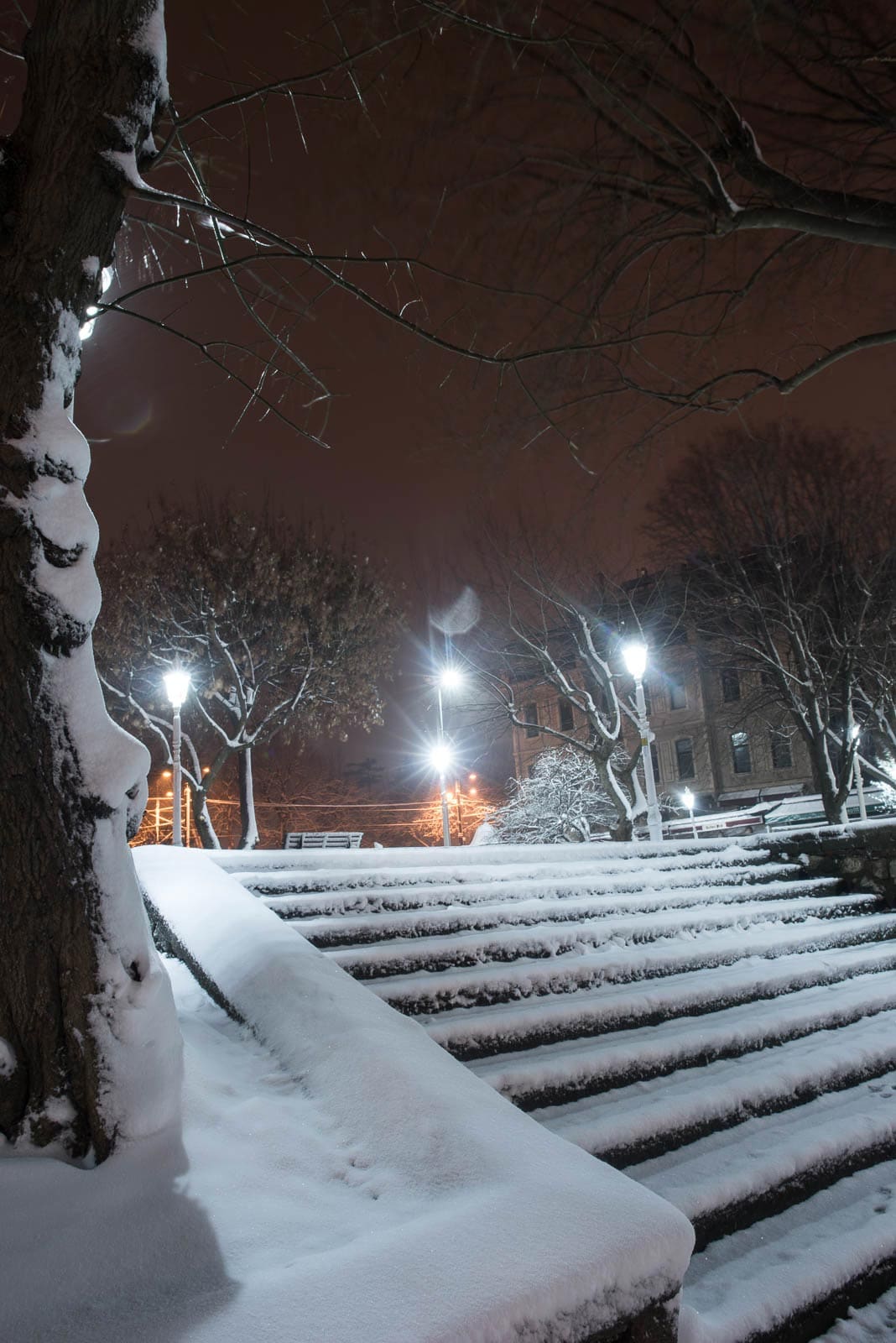 The stairs are covered in snow.