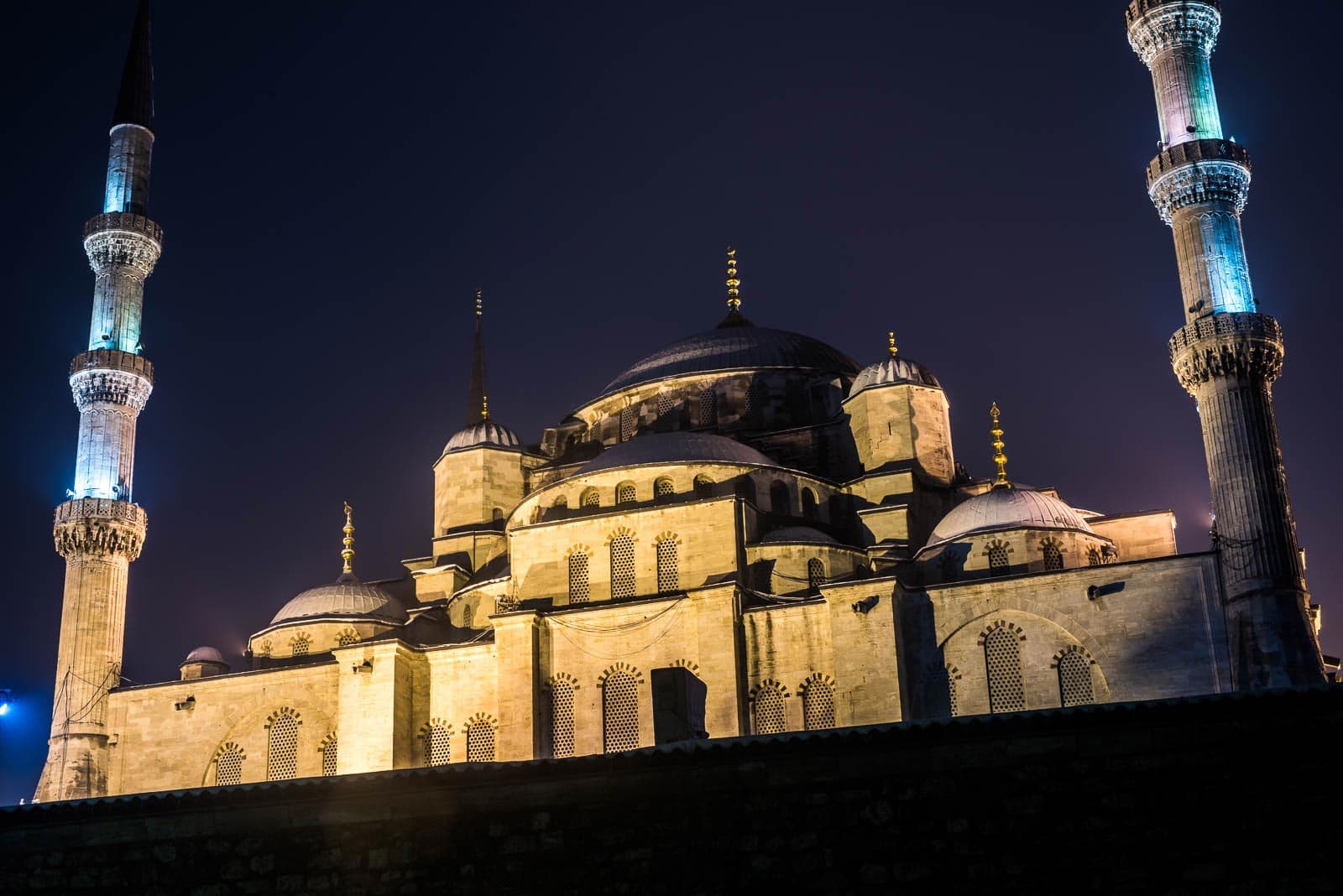 The blue mosque lit up at night.
