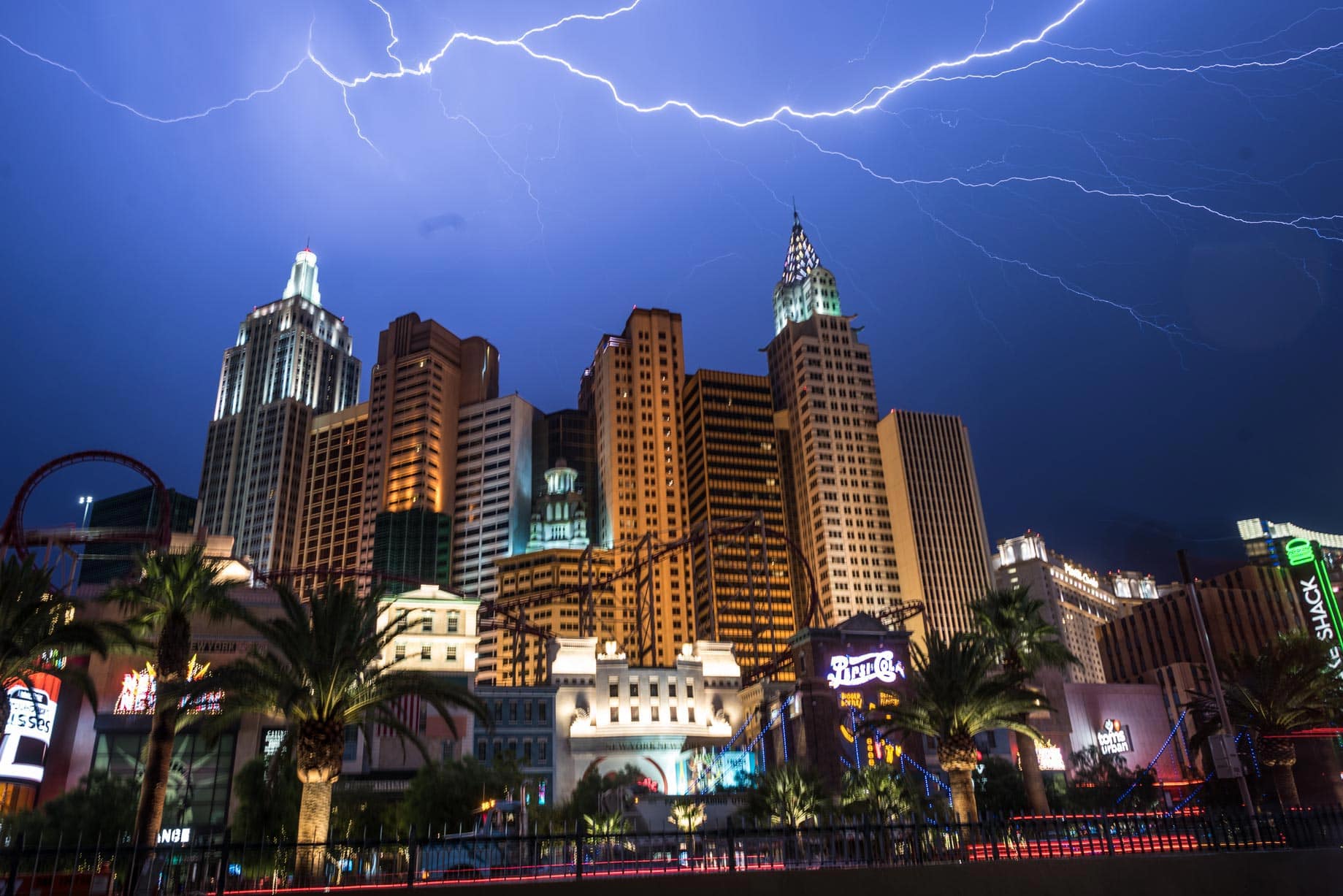 Lightning strikes over the las vegas strip.