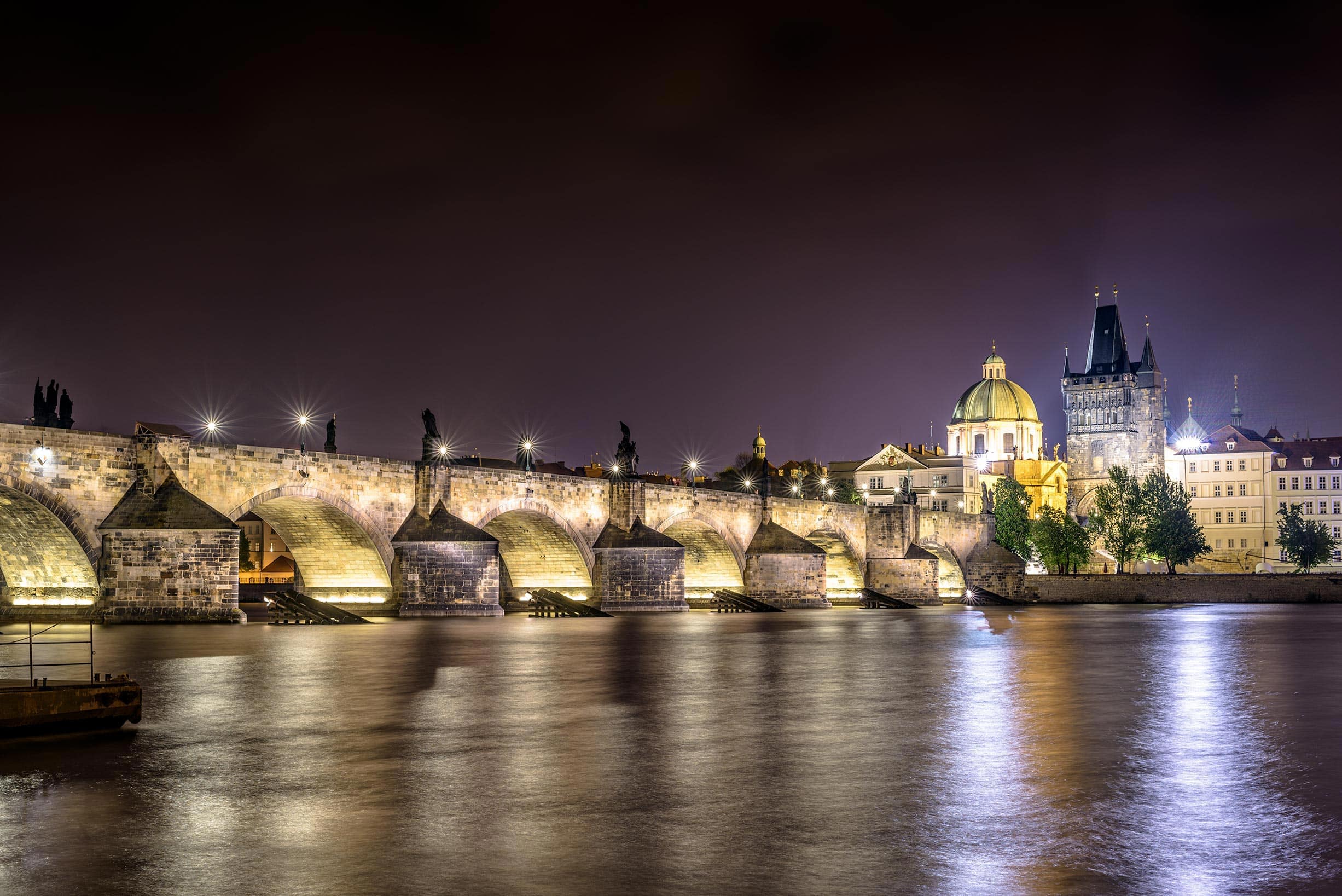 Charles bridge at night in prague, czech republic.