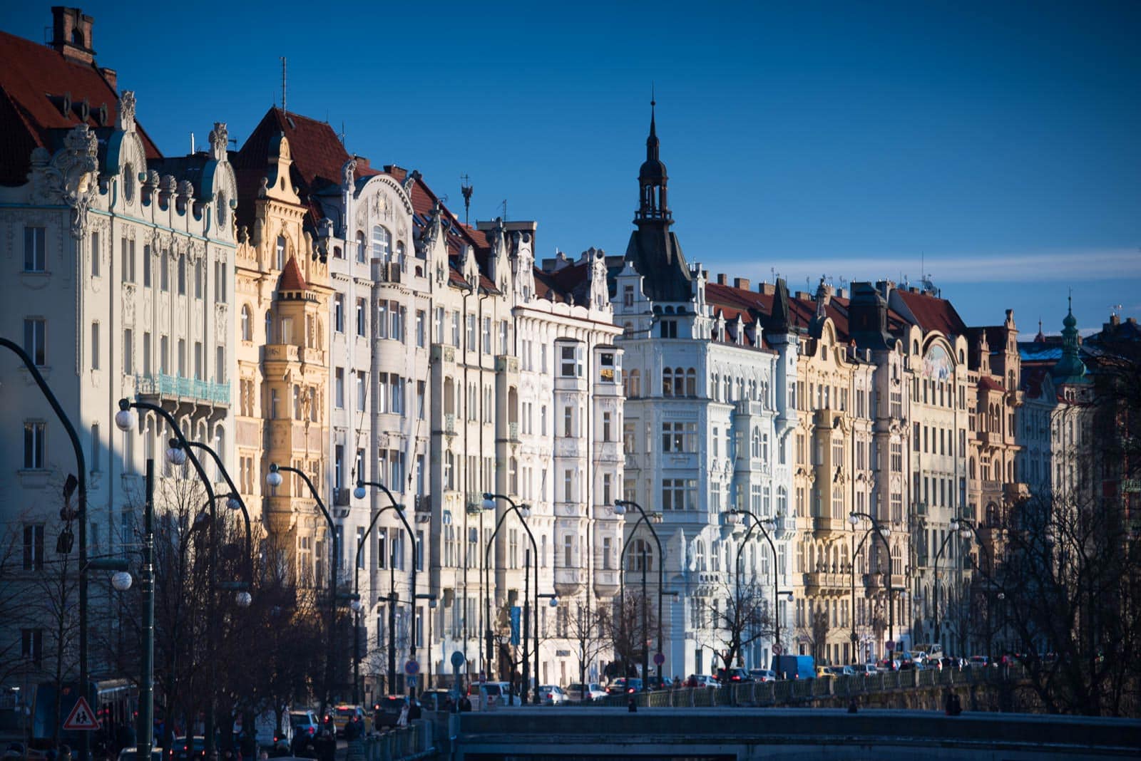 A row of buildings on a street in prague, czech republic.