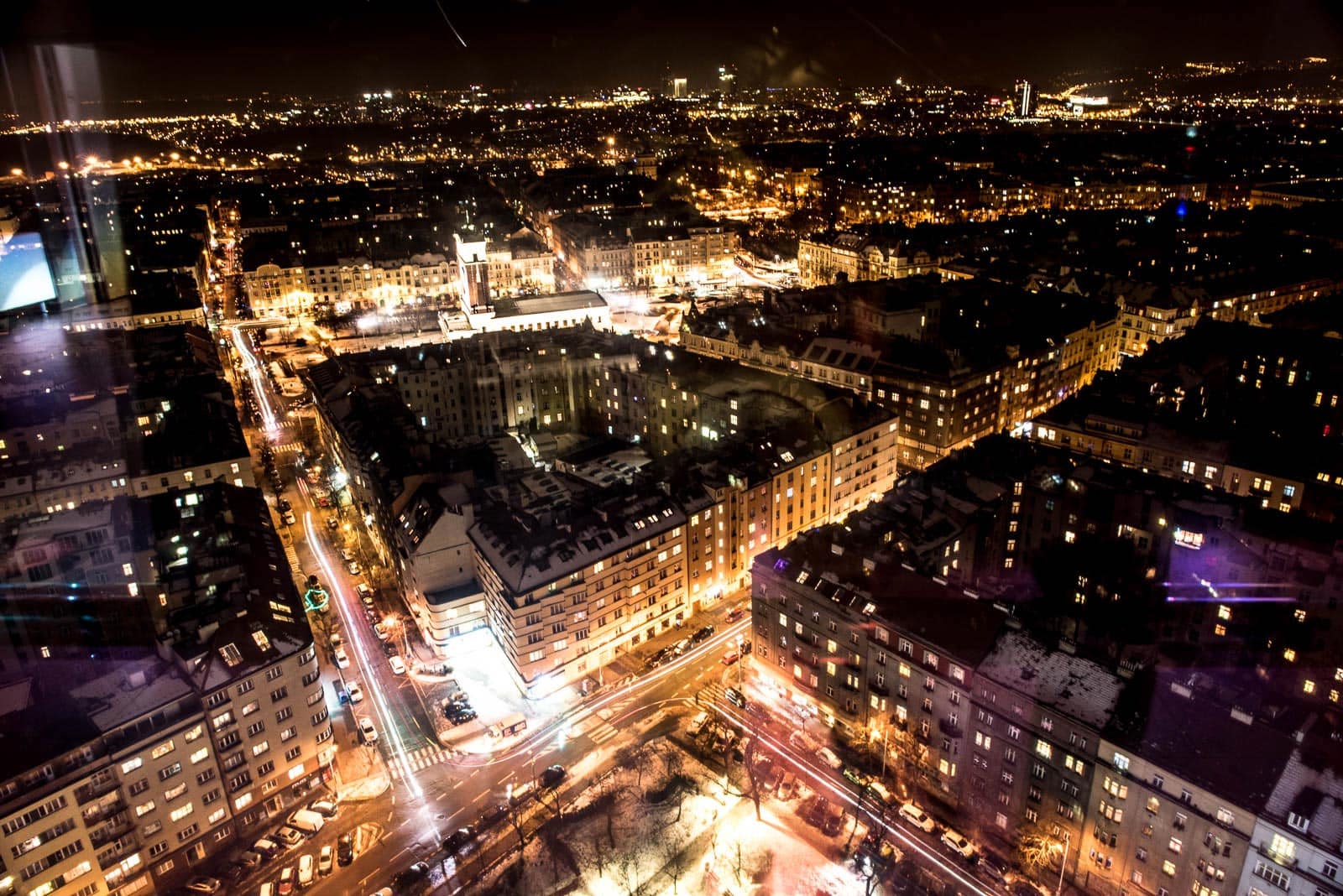 An aerial view of a city at night.