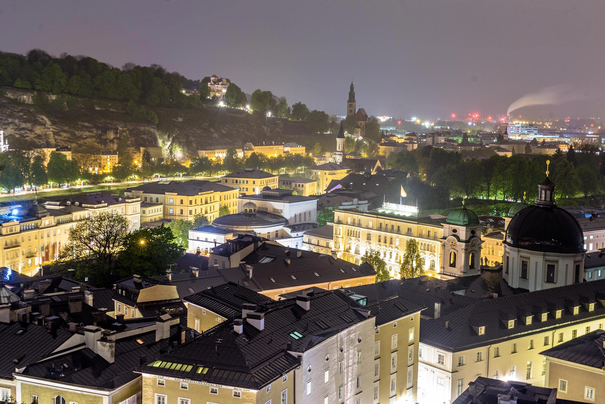 An aerial view of a city at night.