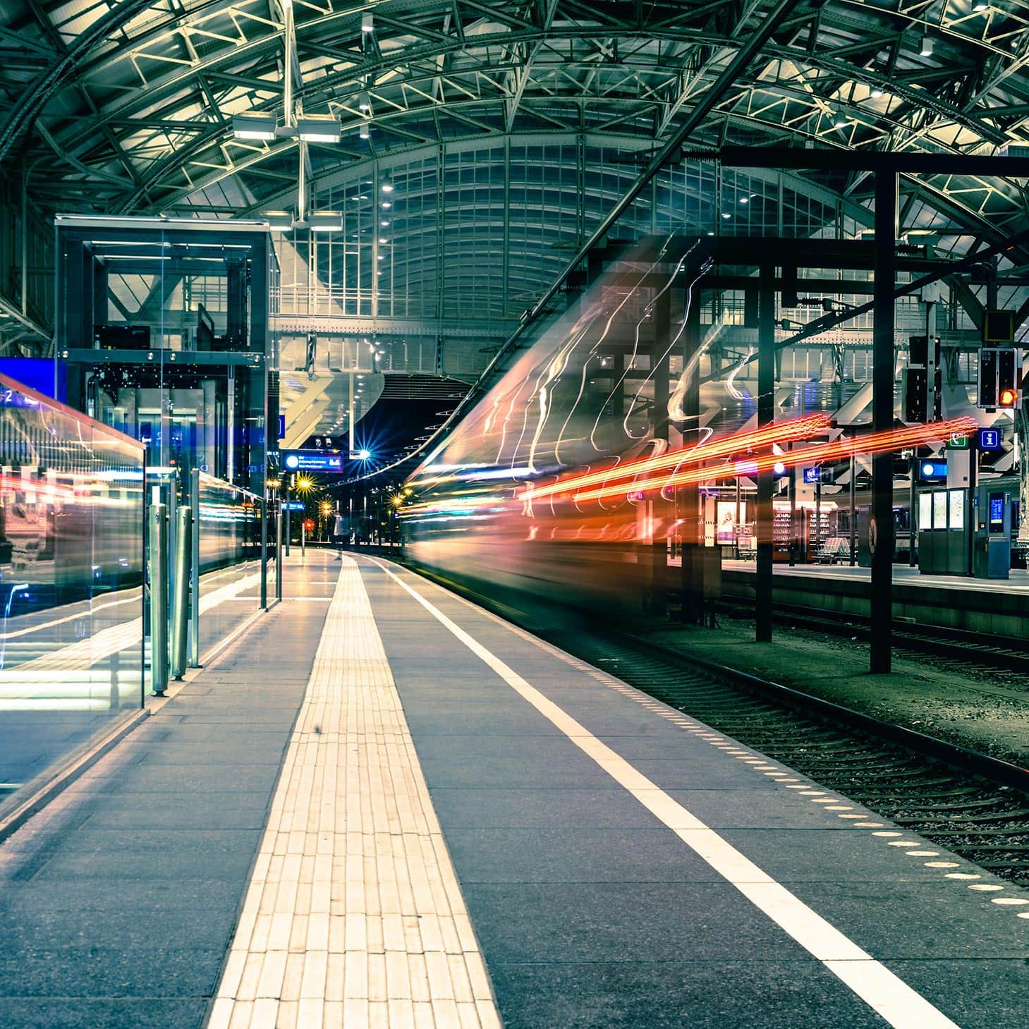 A train at a train station.