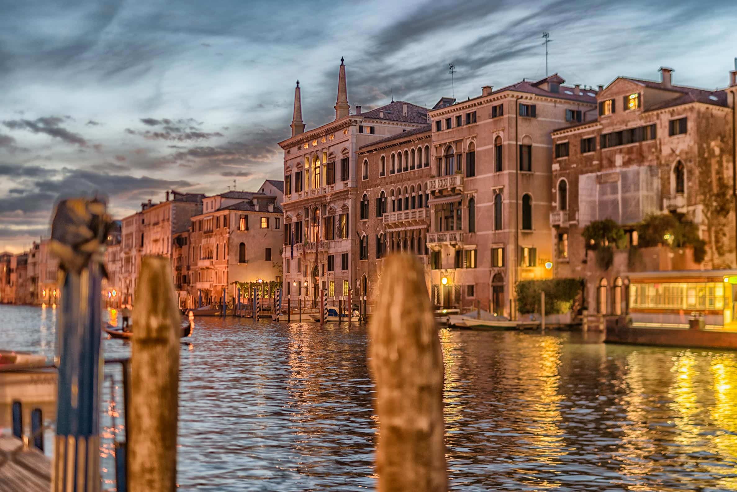 The grand canal in venice at dusk.