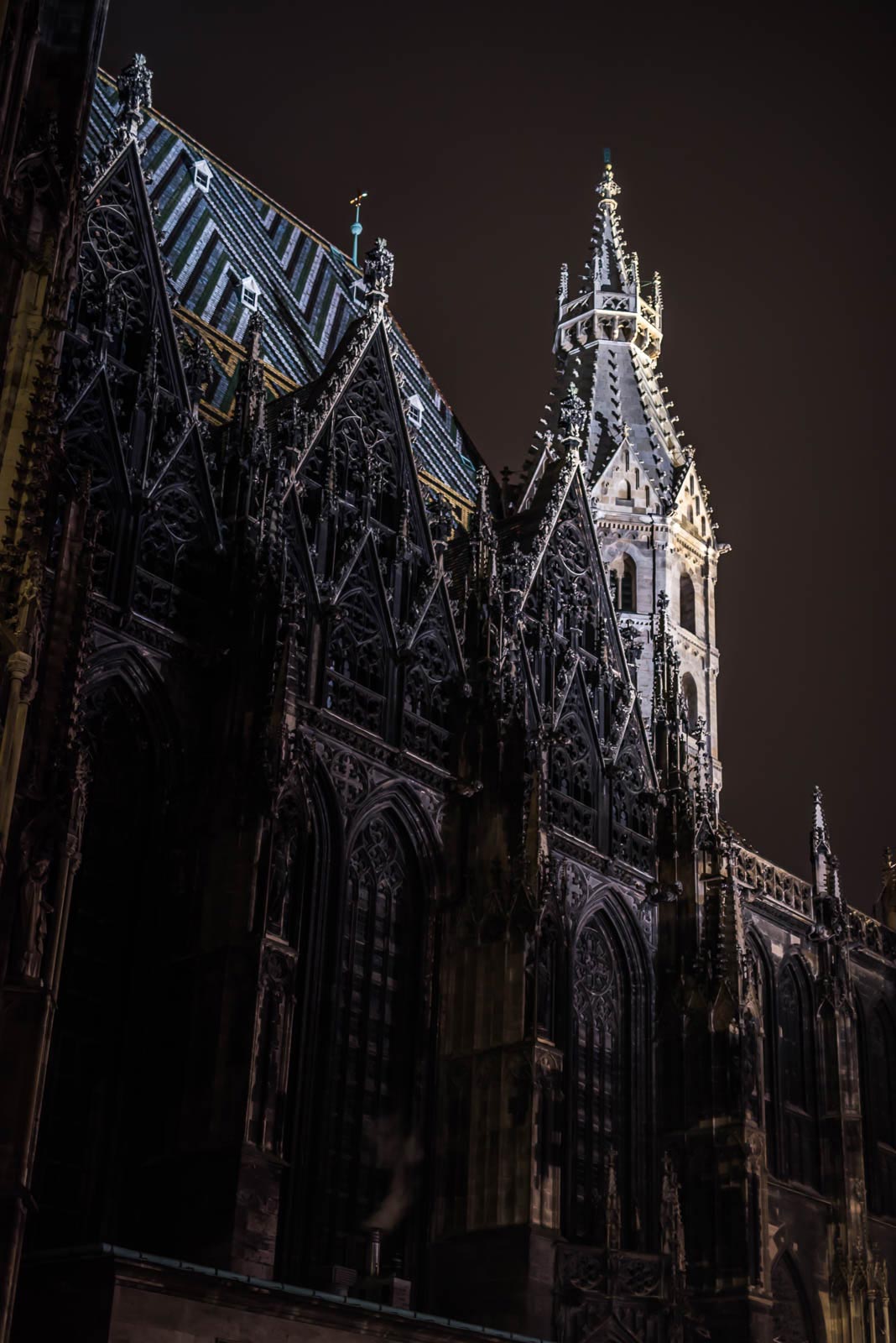 An ornate cathedral lit up at night.