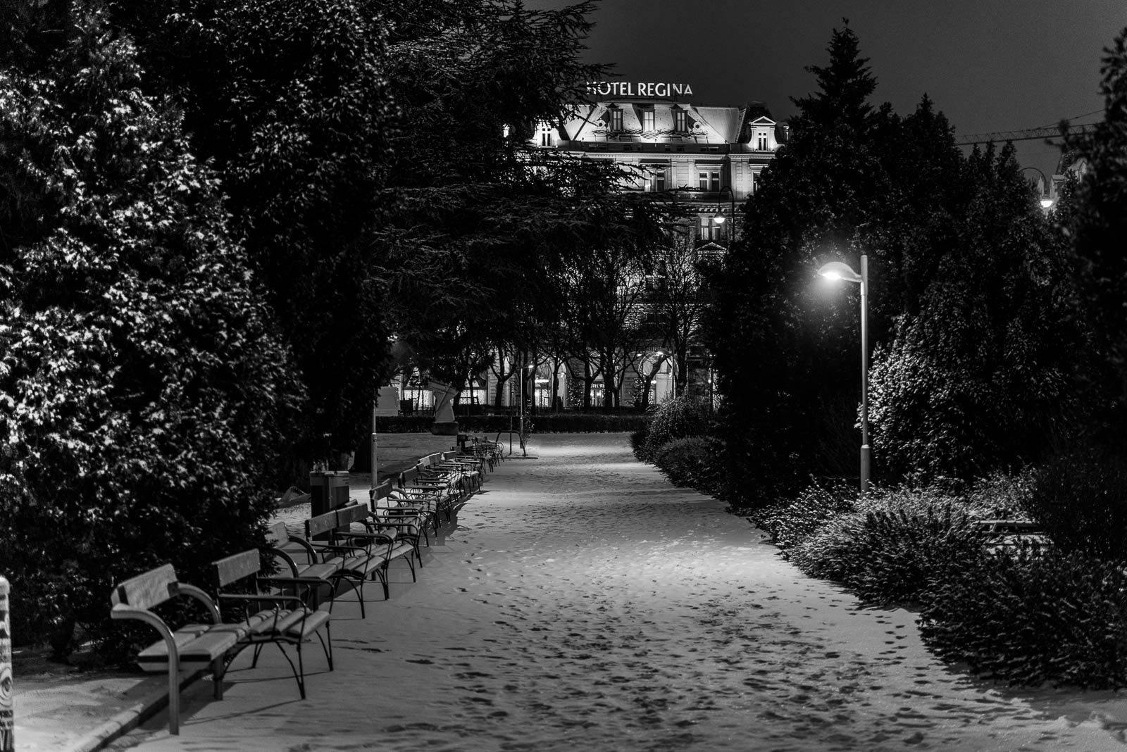 A black and white photo of a snowy park at night.