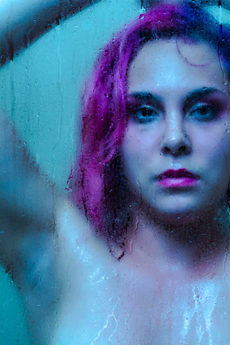 shower scene water drips vibrant hair